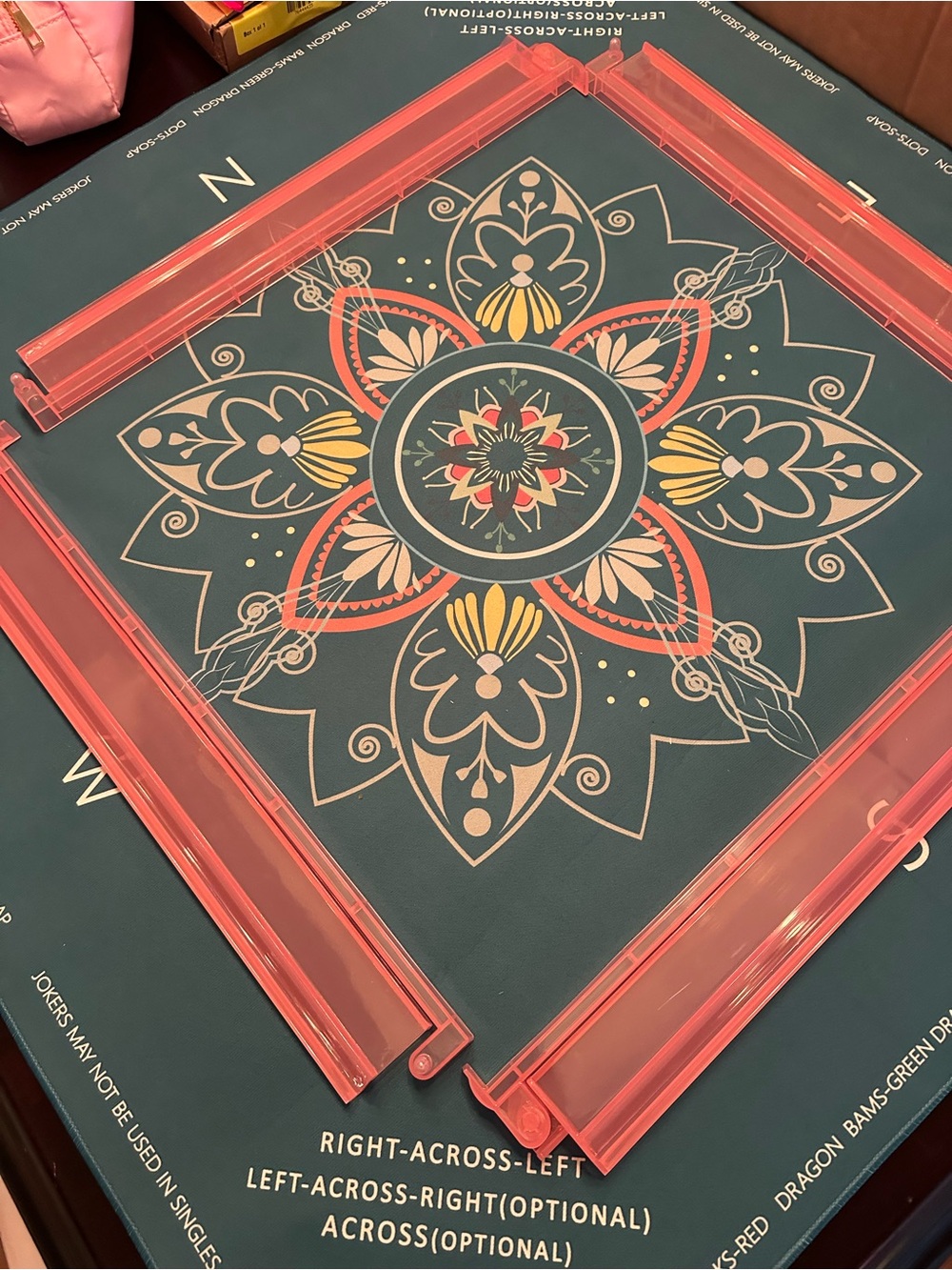 Teal Mandala mahjong mat with light pink Acrylic racks